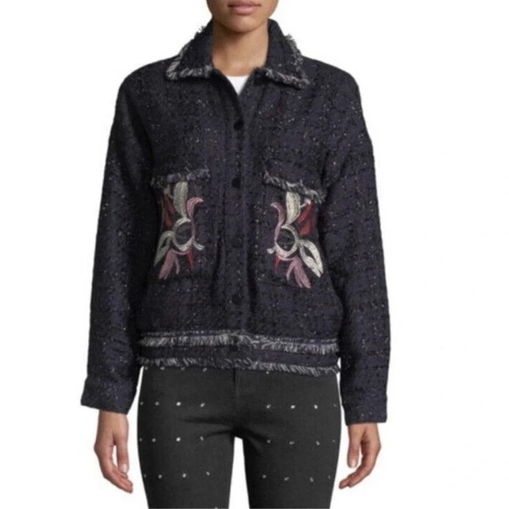 FOXIEDOX Women's Blue Embroidered Takeo Tweed Frayed Boho Jacket Size L